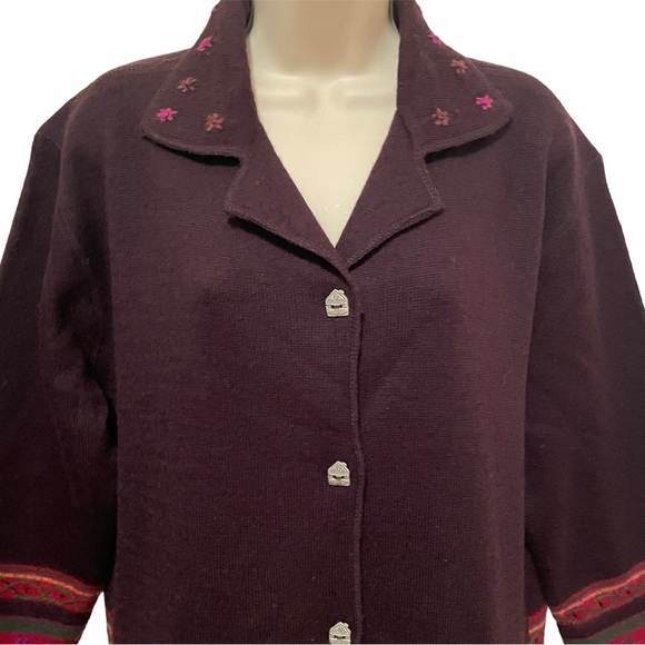 Sigrid Olsen 100% Wool Women's Knit Cardigan Sweater Sz S Brown Floral - Picture 3 of 8